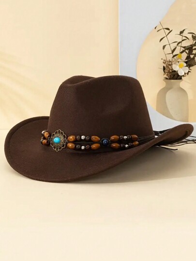 1pc Western Cowboy Hat With A Detachable Teal Jewel Beaded Trim, Polyester Felt Cuffed Top Hat, All Season Lightweight Unisex Fashion Hat - Suitable For Outdoor Activities, Parties, Everyday Wear, Woven Nonwovens Halloween
