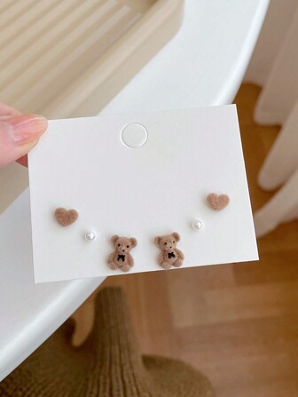 Cute Flocked Bear Earrings Set, Cartoon Style Furry Ear Clips For Girls