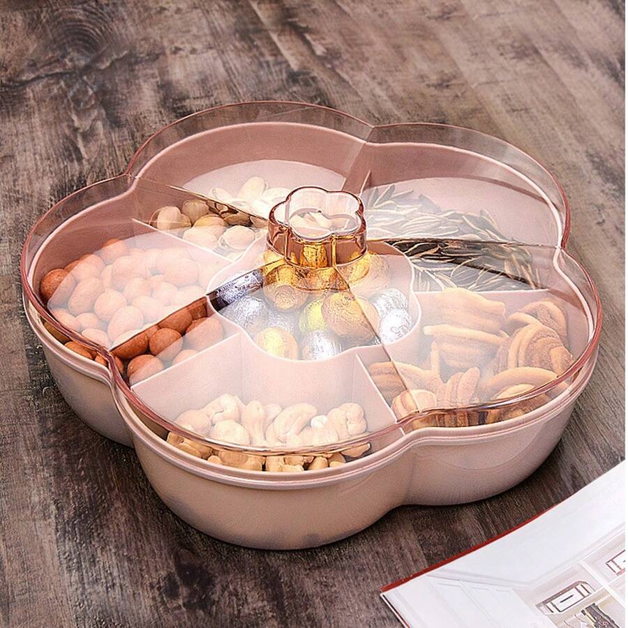 1pc Snack Tray With Nut, Candy And Dried Fruit Compartments, Snack Storage Box, Fruit Candy Tray - Pink - View 1