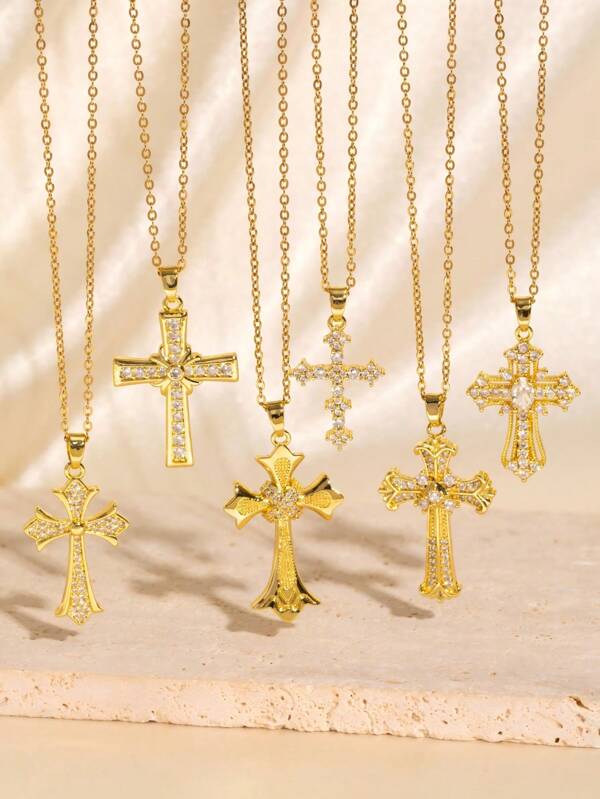 1pc Versatile Zirconia 18K Gold Plated Cross Necklace Pendant, Great Gift For Friends