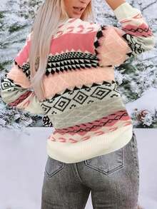 Vintage Argyle Patchwork Crew Neck Knit Pullover Top - View 3