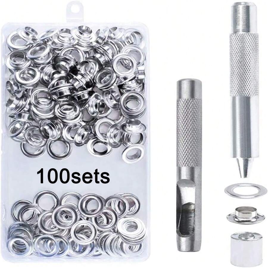 100pcs Grommet Tool Kit Copper Grommet Eyelet Set With Hole Hollow Punch, Grommet Setter Tools For Clothing Leather Fabric Belt - Multicolor - View 1