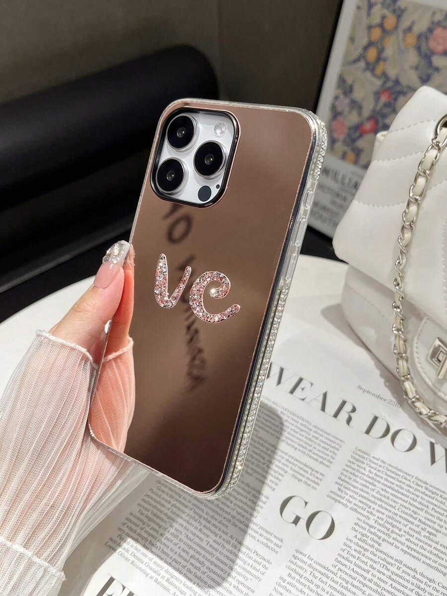 1pc Custom Mirror Diamond Pink Square Phone Case, Personalized