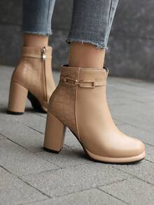 Apricot Color Ankle Boots, Metal Decor Straps, Heeled PU & Stone Mixed Texture, Side Zipper, Chunky High Heel, Random Materials - Apricot - View 3