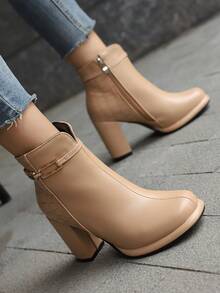 Apricot Color Ankle Boots, Metal Decor Straps, Heeled PU & Stone Mixed Texture, Side Zipper, Chunky High Heel, Random Materials - Apricot - View 4
