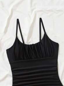 1pc Women's Black Slim Fit Tummy Control Solid Color Waist Drawstring Ruched One-Piece Swimsuit, Suitable For Beach Holiday