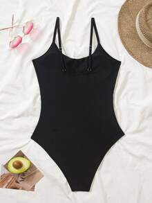 1pc Women's Black Slim Fit Tummy Control Solid Color Waist Drawstring Ruched One-Piece Swimsuit, Suitable For Beach Holiday