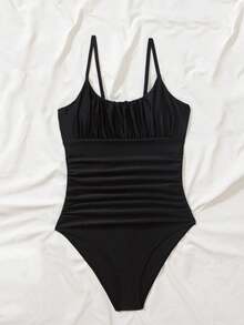 1pc Women's Black Slim Fit Tummy Control Solid Color Waist Drawstring Ruched One-Piece Swimsuit, Suitable For Beach Holiday