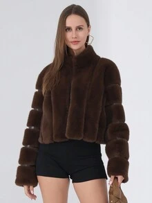 Long Sleeve Open Front Brown Furry Faux Fur Coats For Women,Stand Collar Solid Color Short Fluffy Jacket,Loose Cropped Casual Fluffy Jacket,Elegant Chic Fur Top,Fall Winter Clothes For Women,Suitable For Various Occasions Out Commuting Or Partying - Coffee Brown - View 5