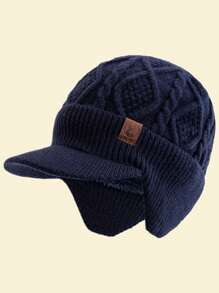 JZML 1pc Men's Deer Embellished Thermal Lined Knit Beanie Hat With Brim