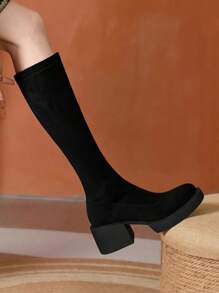 Overknee-Stiefel für Damen, Neu Herbst/Winter 2024, Runder Zehenbereich, Plateauabsatz, Stretch-Stoff Stiefel