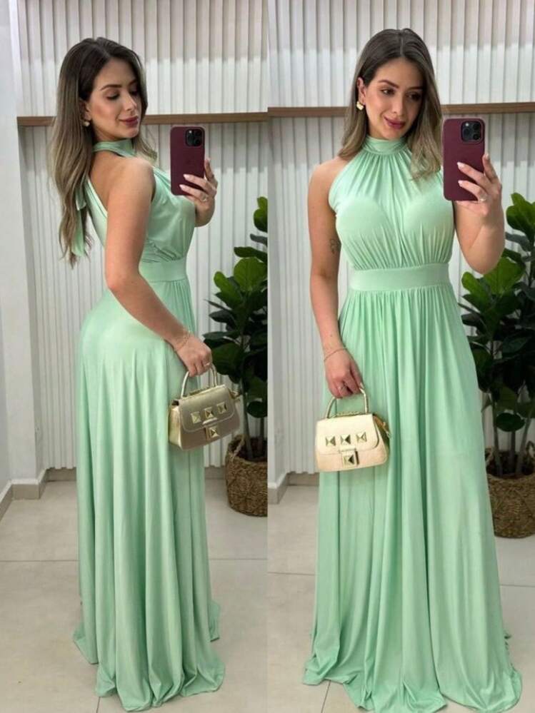 Long Dress Turtleneck Sleeveless Fluity Mesh Solid Color Elegant Party Fashion Women - Mint Green - View 1