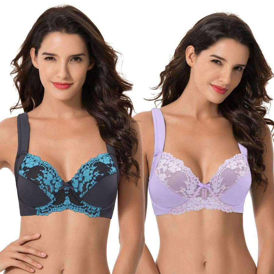 Women's Plus Size Unlined Underwire Lace Bra With Cushion Straps - Grey,Lavender(2 Pack) - View 1