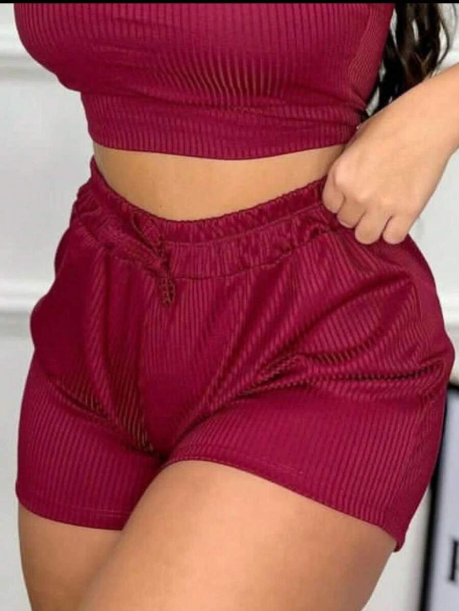 Women's Shorts Ribbed Knit Plain Elastic Waist Women's Fashion - Màu Đỏ Sâu - Xem 1