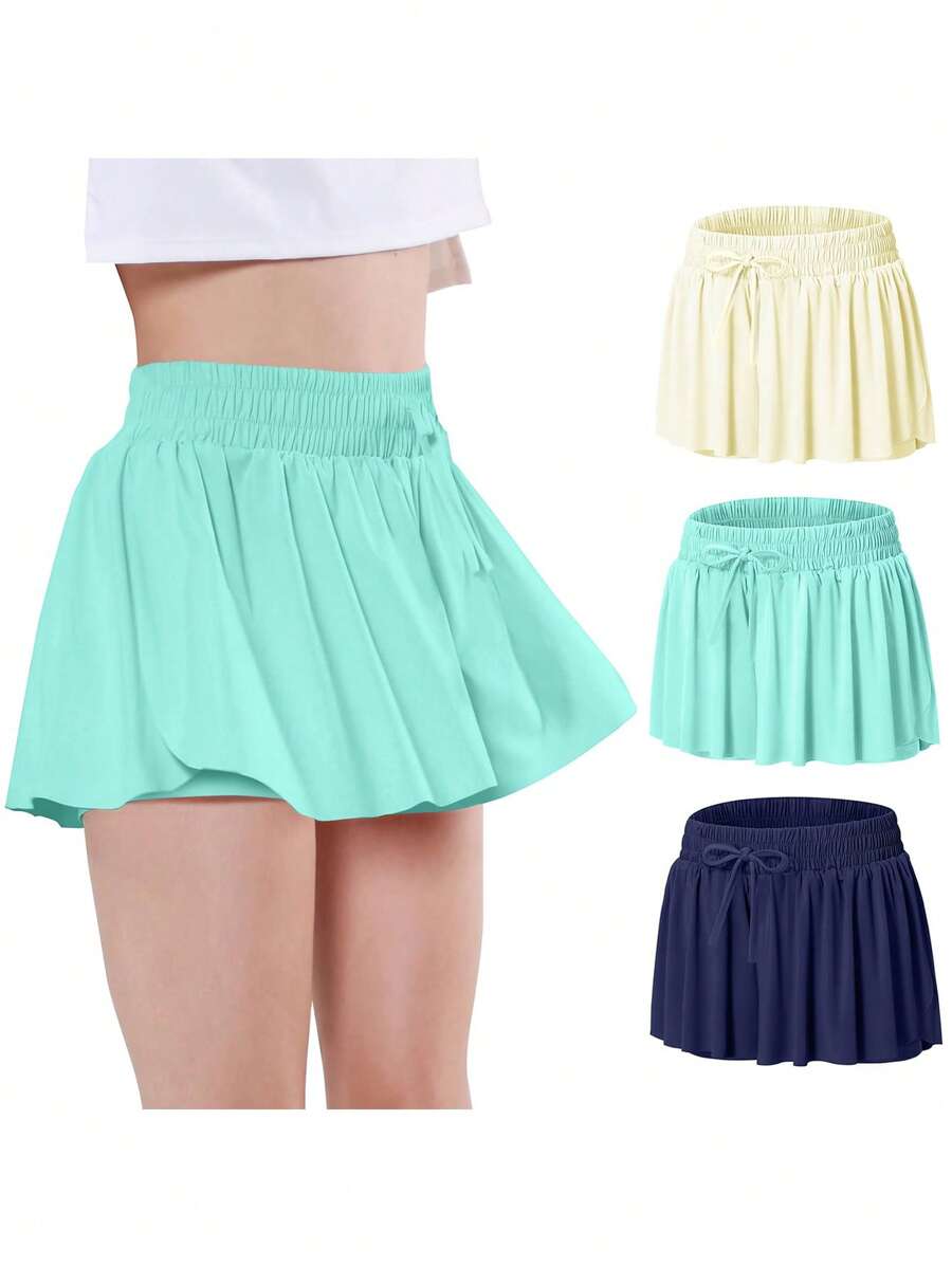 3 Pieces EXARUS Girls Butterfly Shorts Flowy Athletic 2 In 1 Tennis Gym Cheer Skirt Skort Dance Running Preppy Clothes 6-14Y - 設定-1 - 查看 1