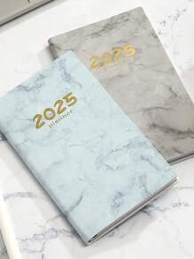 2025 English Marble Texture Daily Planner | Student Stationery, Business Office Writing Notebook, Portable Travel Outdoor 365 Day Time Management Weekly Planner, A6 Faux Leather Notebook Back To School