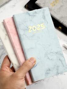 2025 English Marble Texture Daily Planner | Student Stationery, Business Office Writing Notebook, Portable Travel Outdoor 365 Day Time Management Weekly Planner, A6 Faux Leather Notebook Back To School