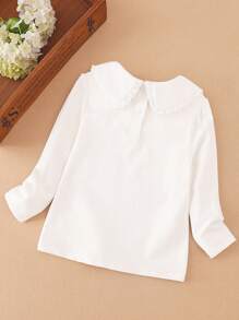 Young Girl Floral Embroidered Collared Long Sleeve T-Shirt, Autumn - White - View 2