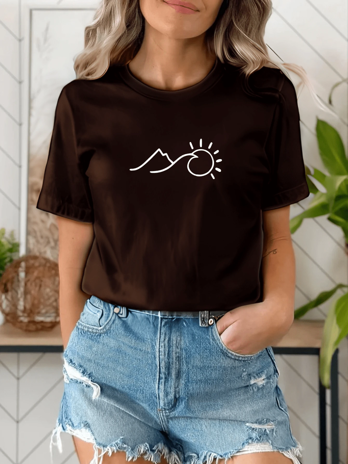 Women's Casual T-Shirt Ocean Sea Waves Sunset Beach Cotton Premium Mesh Promotion - 鏽棕色 - 查看 1