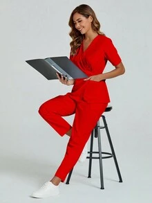 cimmuovere V-Neck Short Sleeve White Lab Coat, Backstrap Nurse Uniform  Scrubs Set With Pockets, Dental Clinic/Vet Hospital Work Outfit - Top And Pants - Red - View 6