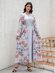 Women's Notched Neck Dress, All-Over Print, Ultra-Thick & Soft Stretchy Fabric, Flared Cuffs, Pearl Belted, Elegant Arabian Jalabiya Modest Long Sleeve Arabian Dress - Light Grey - View 8
