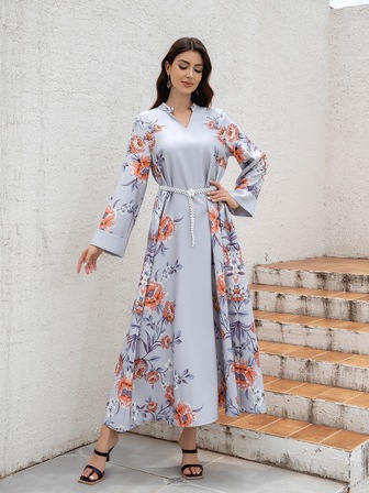 女式缺口领连衣裙，全身印花，超厚柔软弹力面料，喇叭袖口，珍珠腰带，优雅的阿拉伯 Jalabiya 朴素长袖阿拉伯连衣裙