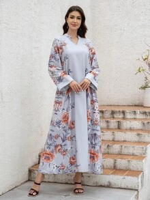 Women's Notched Neck Dress, All-Over Print, Ultra-Thick & Soft Stretchy Fabric, Flared Cuffs, Pearl Belted, Elegant Arabian Jalabiya Modest Long Sleeve Arabian Dress - Light Grey - View 3