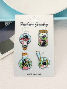 4pcs/Set Cute Cartoon Cat, Cassette Tape, Cactus Alloy Brooch Pins, Vintage Electroplated Black