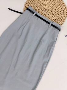 Midi Skirt With Belt High Waist Slit - Light Grey - View 7