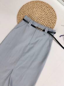 Midi Skirt With Belt High Waist Slit - Light Grey - View 2