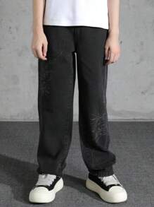 Teens & Teen Boy Embroidered Washed Casual Jeans, Wide Leg & Straight Fit, For Spring & Autumn - Black - View 1