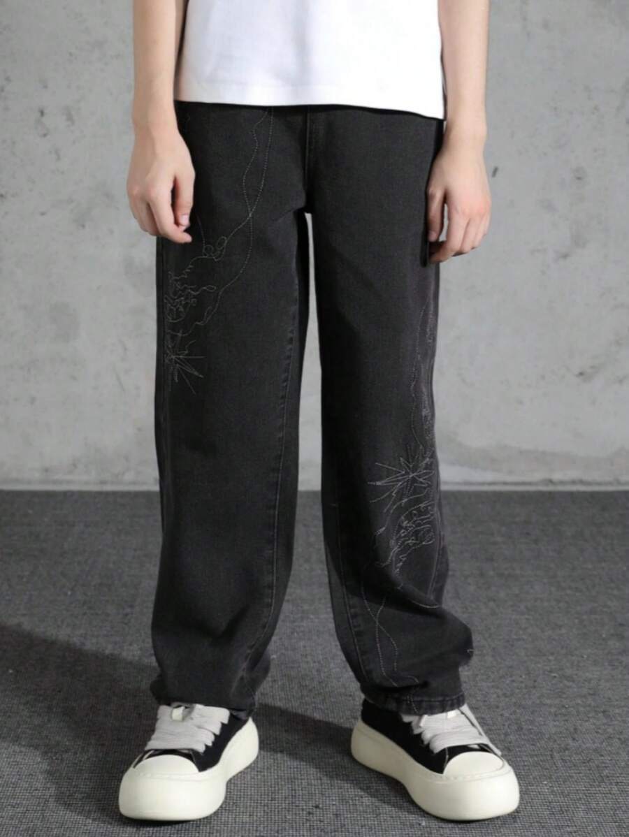 Teens & Teen Boy Embroidered Washed Casual Jeans, Wide Leg & Straight Fit, For Spring & Autumn - Black - View 1