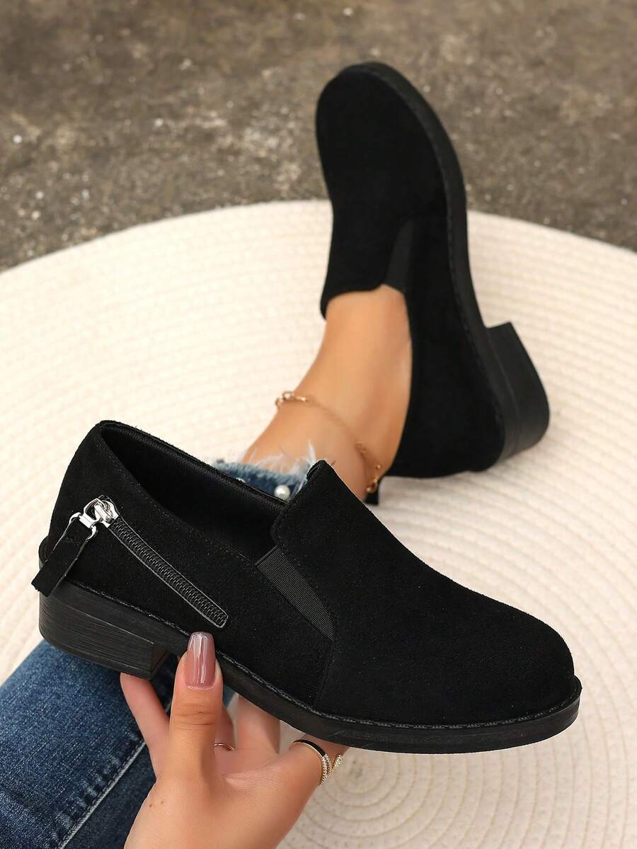 Giày đế xuồng trang trí khóa kéo bên hông cho nữ, Giày bốt cổ cao cổ thun cổ điển, Giày thể thao đế xuồng đa năng ngoài trời thông thường - màu đen - Xem 1