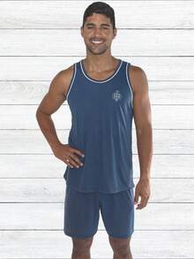 2 Pajama Shorts With Closed Tank Top For Adult Men's Line - 墨綠色 - 查看 4