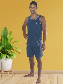 2 Pajama Shorts With Closed Tank Top For Adult Men's Line - 墨綠色 - 查看 3