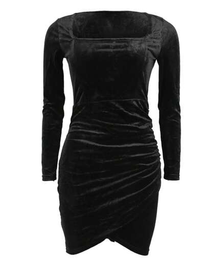Velvet Collar Pleated Slit Elegant Fitted Long Sleeve Dress For Women