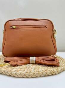 Women's Crossbody And Shoulder Bag For General And Casual Events. Medium-Sized Model, Spacious, Elegant And With Embossed Details, Zippers And Gold Hooks - Camel - View 3