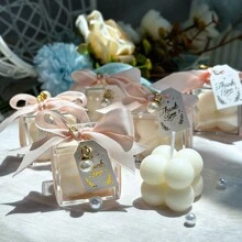YESTARY 10/20pcs Wedding Favor Set, Mini Scented Bubble Candle Gift Box, Includes Bubble Candle, Acrylic Box, Pink Ribbon, Thank You Card And Pearl Decor, Suitable For Wedding, Bridal Shower, Baby Shower, Gender Reveal Party - Champagne Pink Ribbon - View 10