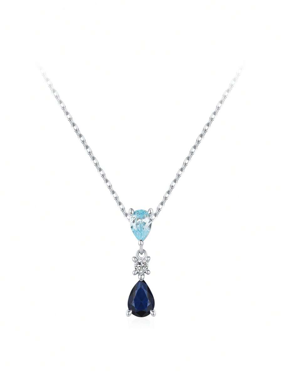 1件925纯银蓝色锆石水滴吊坠项链，女士结婚订婚首饰 - 銀色 - 查看 1