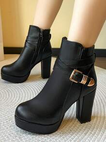 女士黑色尖头粗跟踝靴，拉链开合，秋冬时尚 - 黑色 - 查看 4