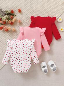 3pcs/Set Baby Girl Pink & White Heart Pattern Bodysuit Outfit, Autumn & Winter - Multicolor - View 2