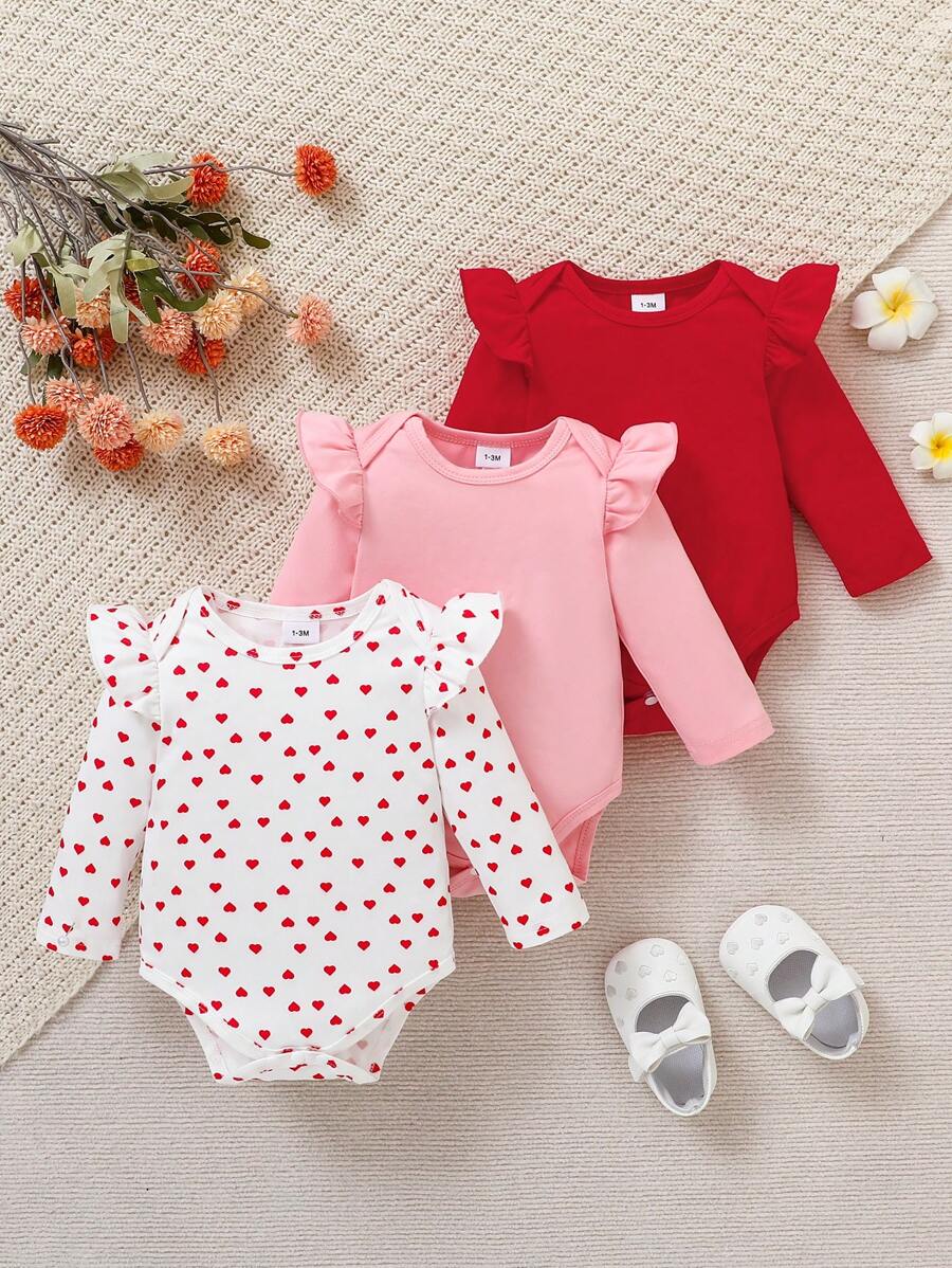 3pcs/Set Baby Girl Pink & White Heart Pattern Bodysuit Outfit, Autumn & Winter - Multicolor - View 1