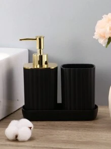 3 Pieces Electroplated Black Gold Set Soap Bottle Mouthwash Cup Tray Bamboo Lid Bathroom Accessories Home Bathroom Decor Summer Back To School