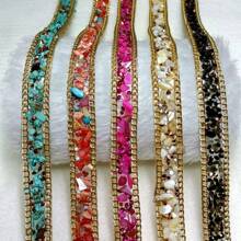 1 Or 2 Meters Iron-On Clothing Applique Strip Ribbon Chain Rhinestone With Gravel Stones - 金色 - 查看 1