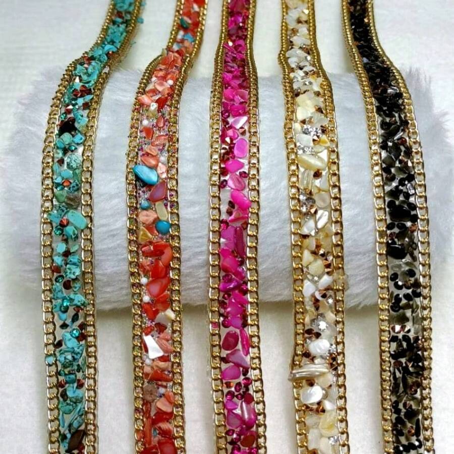 1 Or 2 Meters Iron-On Clothing Applique Strip Ribbon Chain Rhinestone With Gravel Stones - 金色 - 查看 1