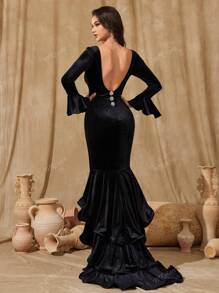 女士纯色性感露背水钻装饰不对称鱼尾派对礼服，黑色长袖正式晚礼服，适合婚礼嘉宾、毕业典礼、晚宴