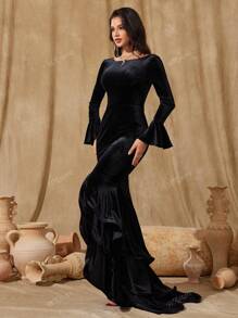 女士纯色性感露背水钻装饰不对称鱼尾派对礼服，黑色长袖正式晚礼服，适合婚礼嘉宾、毕业典礼、晚宴
