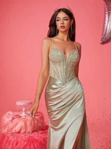 Smilprince Elegant Light Green Satin Corset Gown With Beaded Bust, Spaghetti Straps, High Slit, Floor-Length Evening Dress, Women's Prom Dresses Formal Party Gown, Glamorous Prom Dresses For Women Wedding Guest Dress