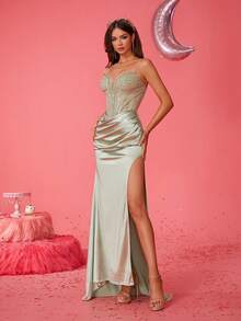 Smilprince Elegant Light Green Satin Corset Gown With Beaded Bust, Spaghetti Straps, High Slit, Floor-Length Evening Dress, Women's Prom Dresses Formal Party Gown, Glamorous Prom Dresses For Women Wedding Guest Dress