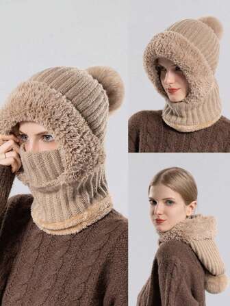 Winter Thermal Lined Knit Hat With Earflap, Windproof And Warm Hooded Neck Gaiter For Outdoor Cycling